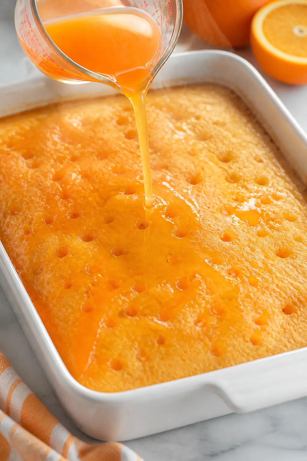 Cooking process close-up: Warm orange gelatin being slowly poured from a small glass measuring cup i