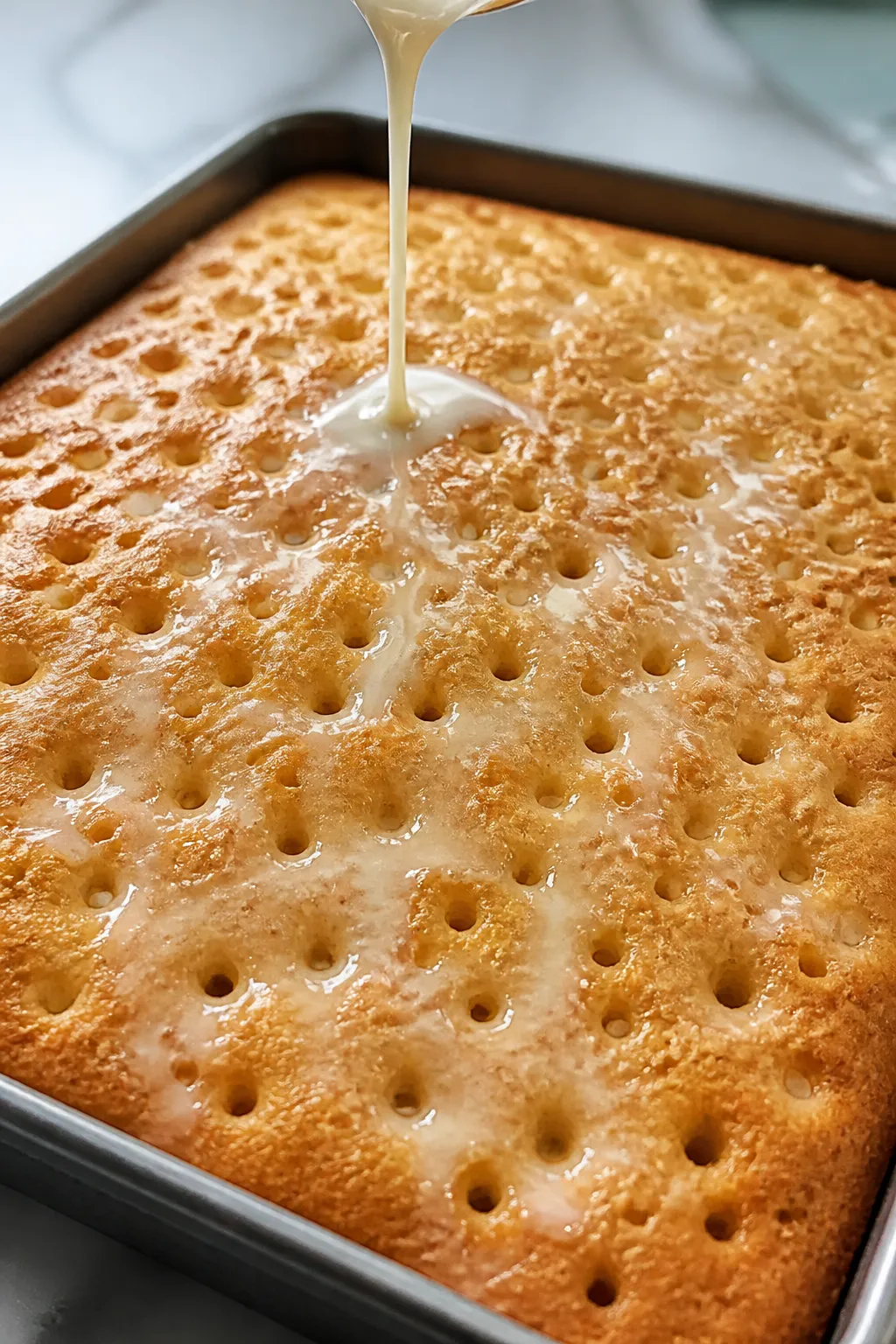 Cooking process close-up: Warm tres leches sheet cake in a 9x13 pan right after baking, covered with