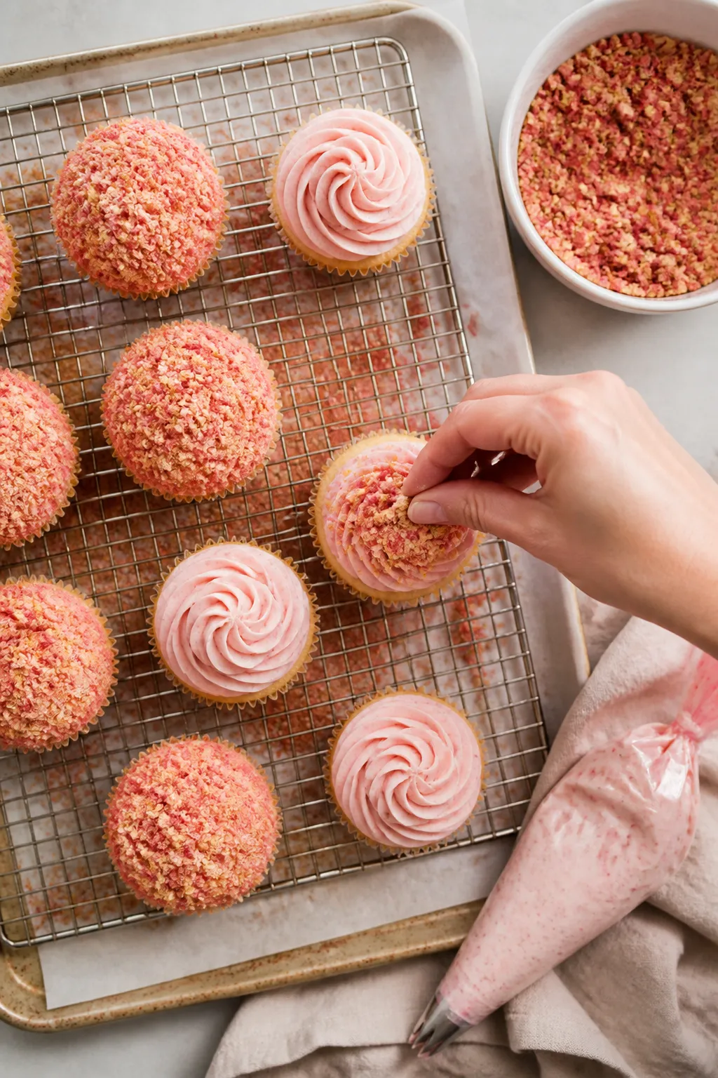 Cooking process overhead: Overhead shot of cooled vanilla cupcakes on a wire rack during assembly, s