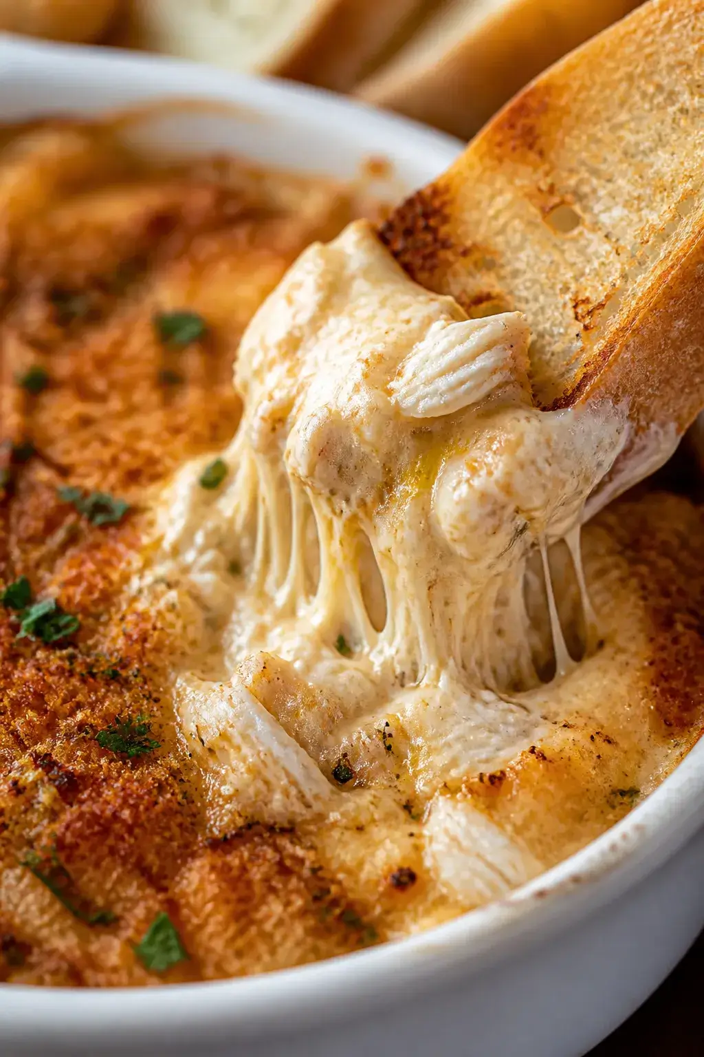 Extreme close-up, three-quarter angle of a toasted baguette slice scooping into the baked crab dip i