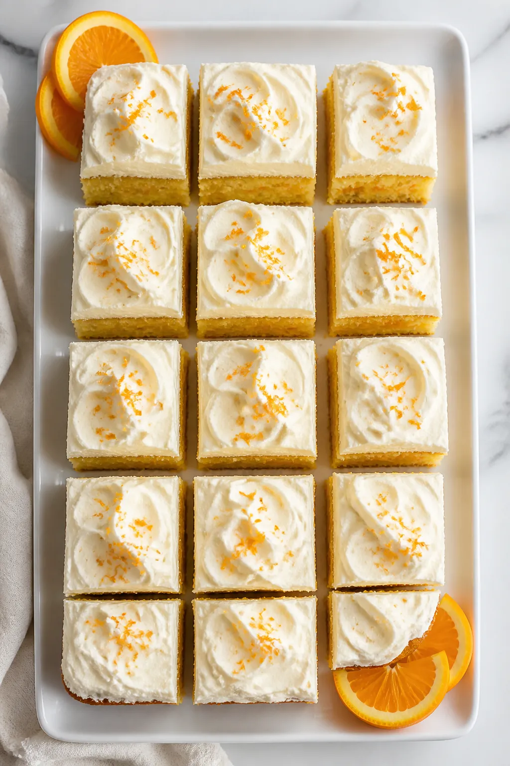 Final dish overhead: Chilled Orange Creamsicle Cake sliced into neat squares and arranged on a matte