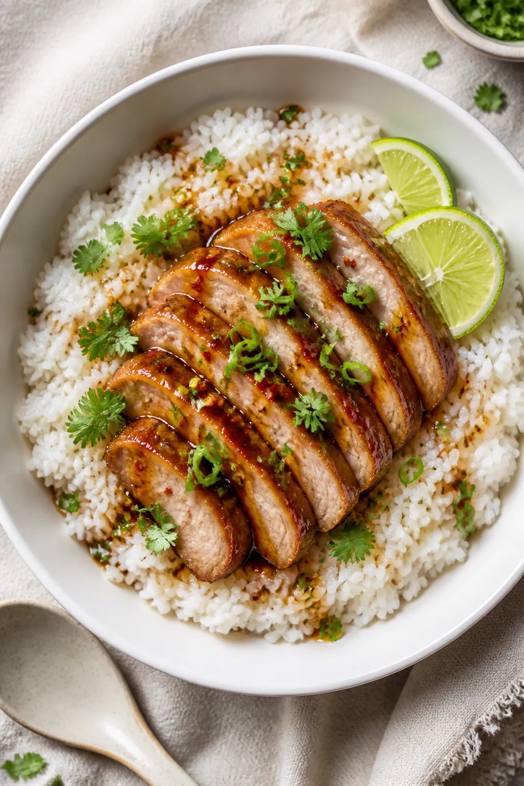 Final dish, overhead: Tasty top-down shot of Ginger Lime Pork with Coconut Rice in a wide, shallow w