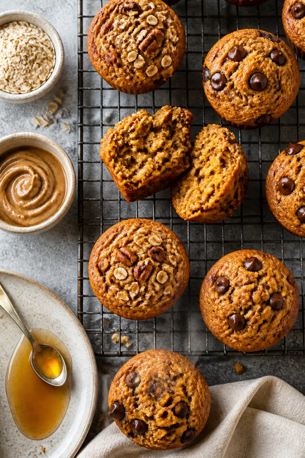 Final dish, tasty top view: Overhead shot of a cooling rack with domed, golden-brown pumpkin oatmeal