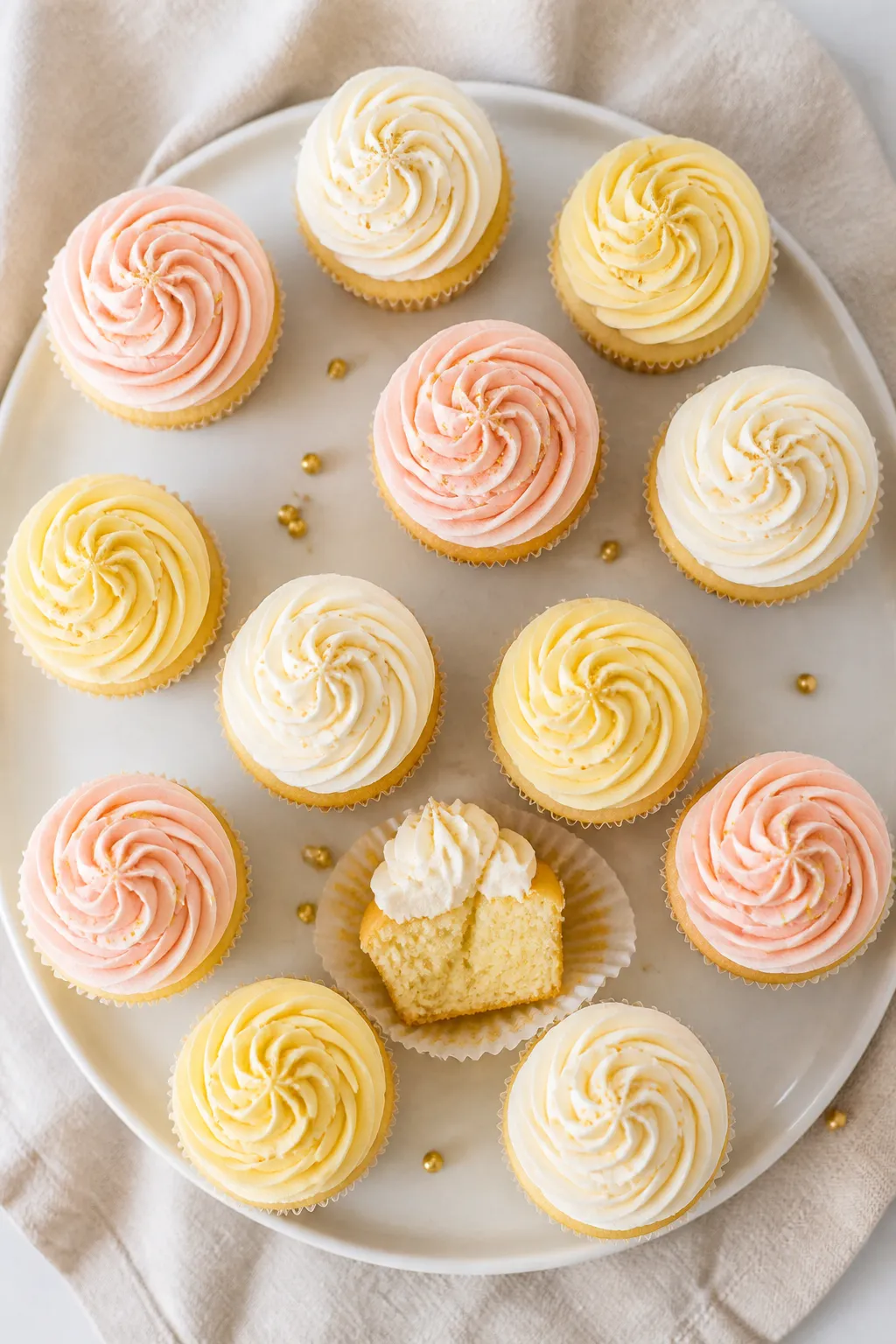 Final dish, tasty top view: Overhead shot of a dozen vanilla cupcakes topped with tall, clean butter