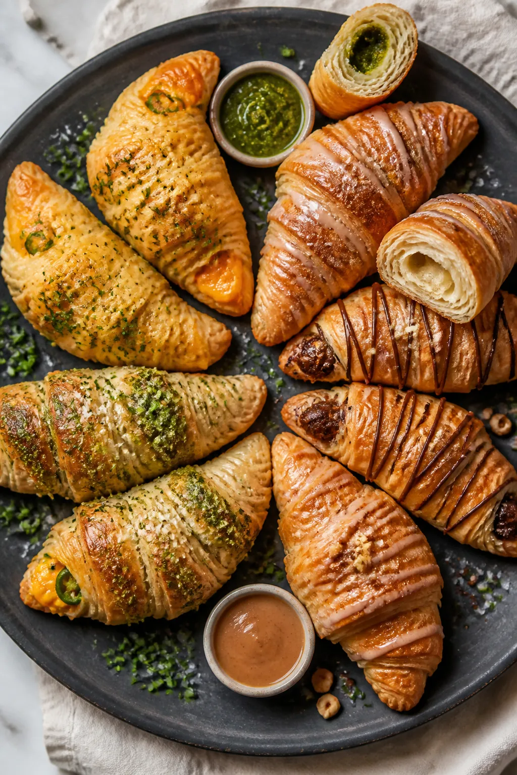 Final dish, tasty top view: Overhead shot of a mixed platter of freshly baked crescent rolls—half