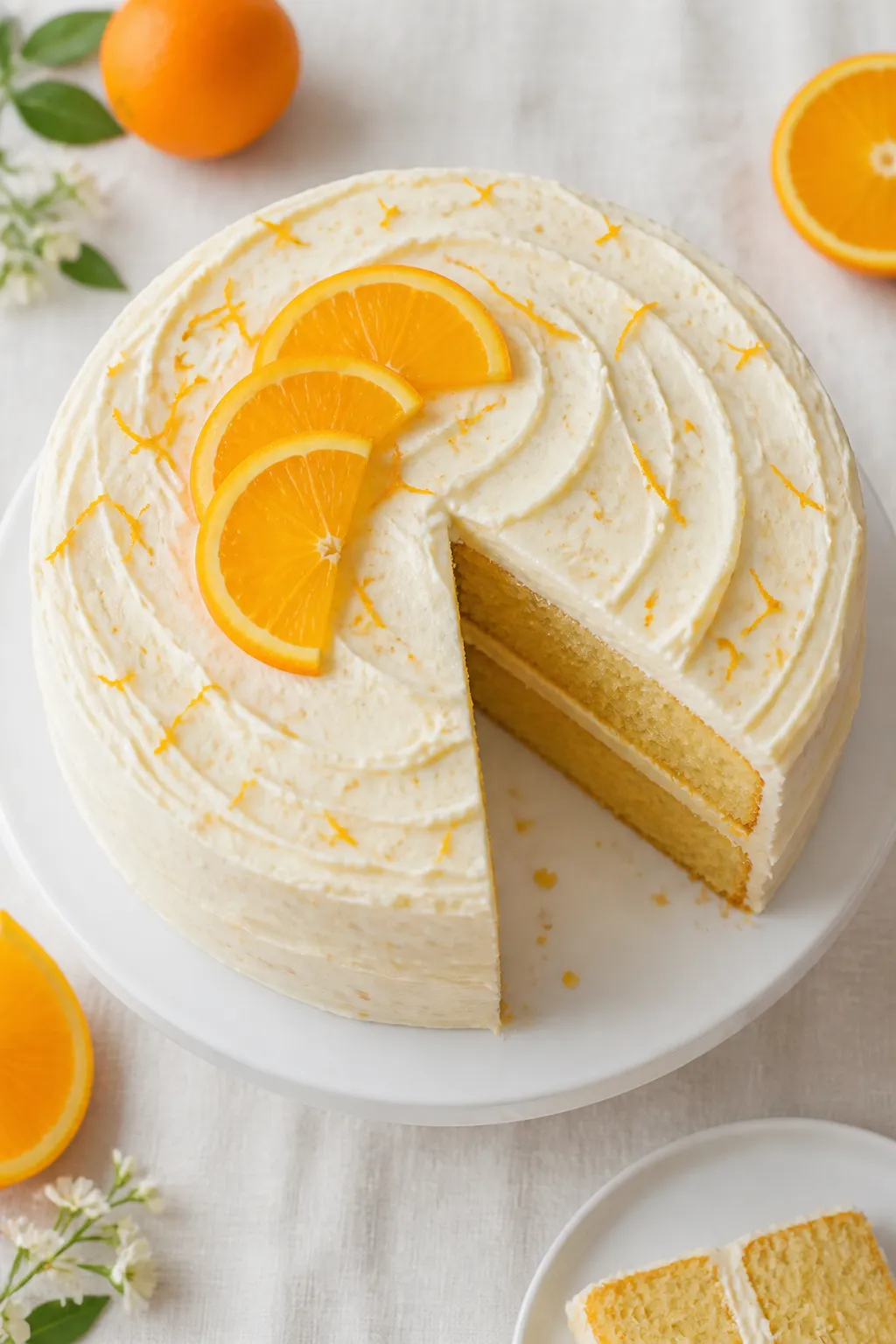 Final dish, tasty top view: Overhead shot of a two-layer Orange Creamsicle Cake fully frosted with w