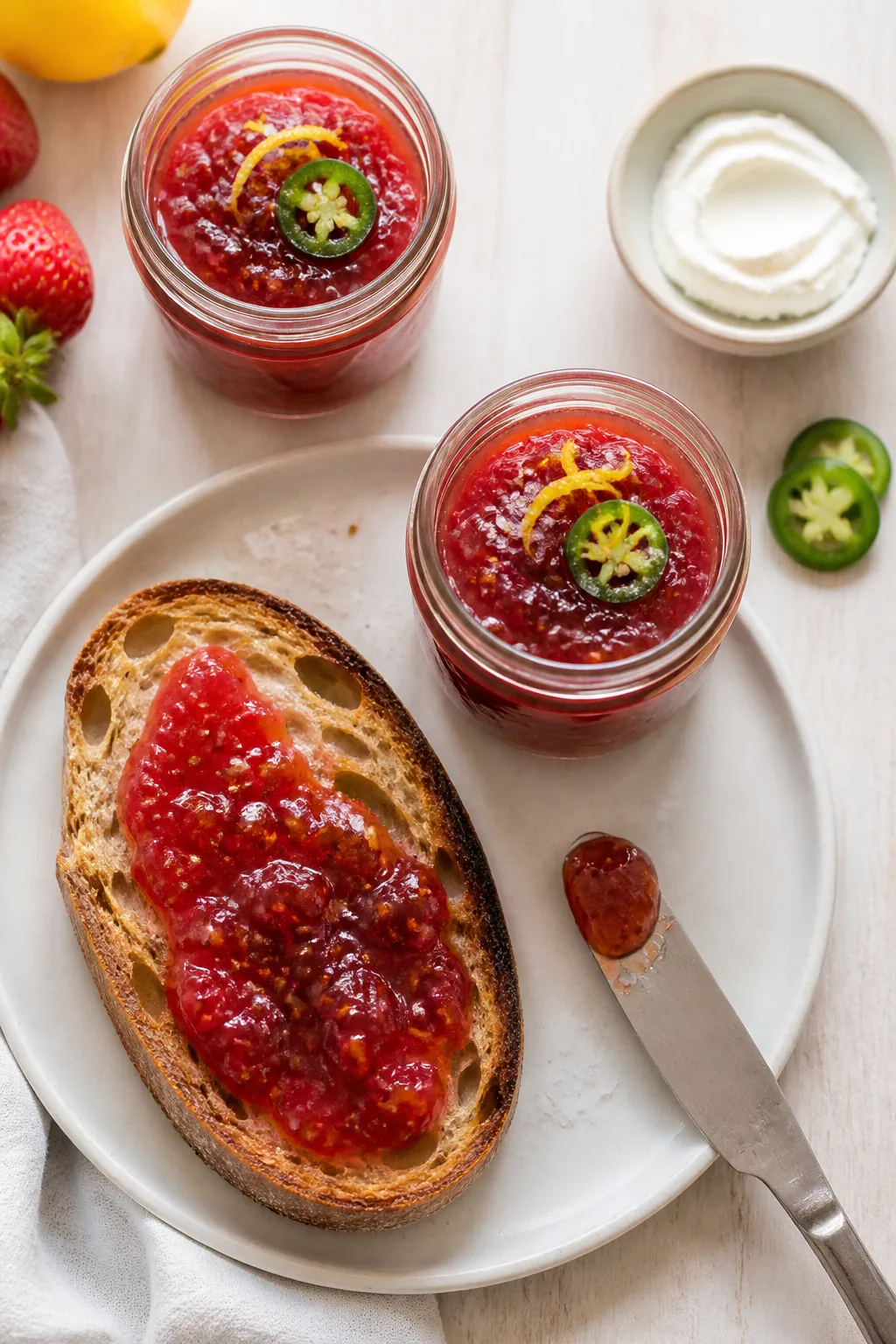 Final dish, tasty top view: Overhead shot of finished strawberry jalapeno jam showcased in two small