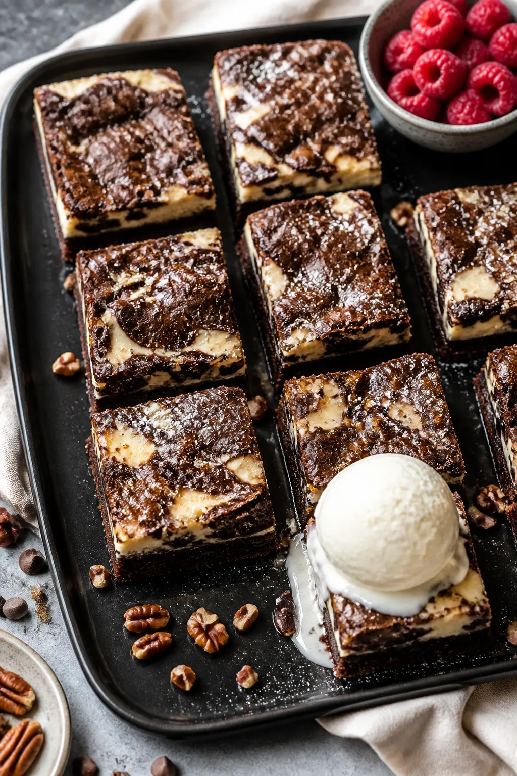 Final dish, tasty top view: Overhead shot of neatly sliced squares of Gooey Chocolate Earthquake Cak