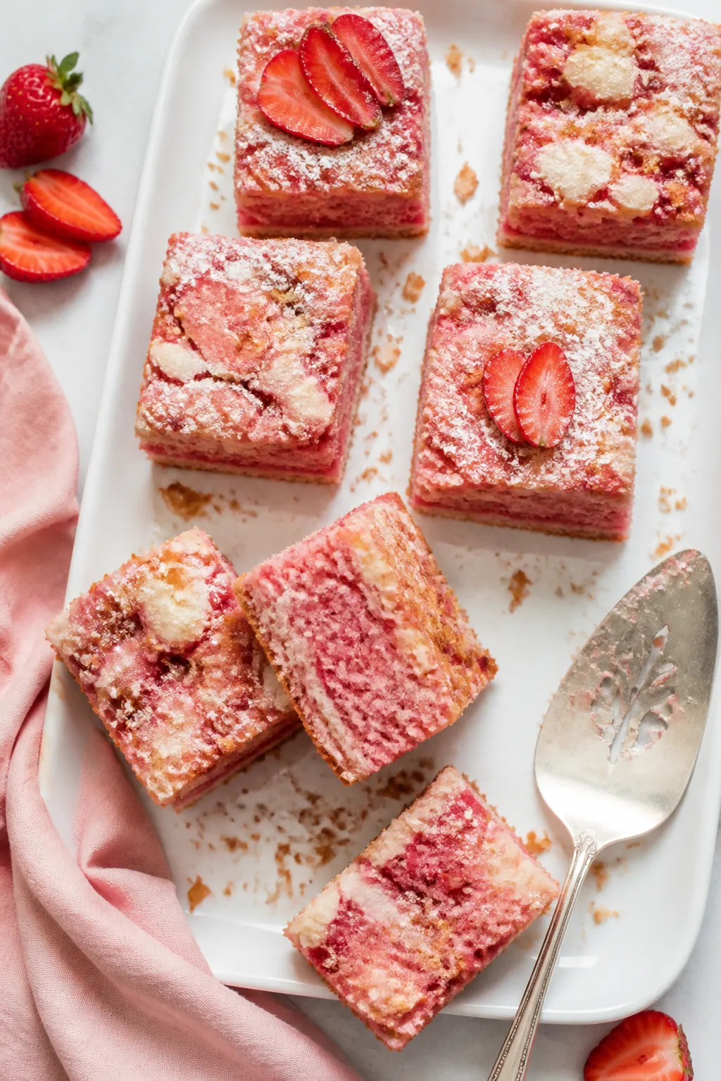 Final dish, tasty top view: Overhead shot of neatly cut squares of Strawberry Earthquake Cake on a m