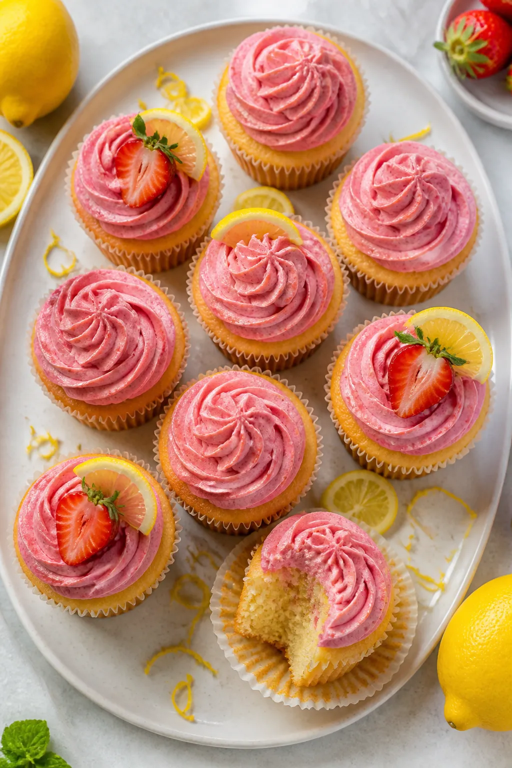Final dish, tasty top view: Overhead shot of Strawberry Lemonade Cupcakes fully baked and frosted, s