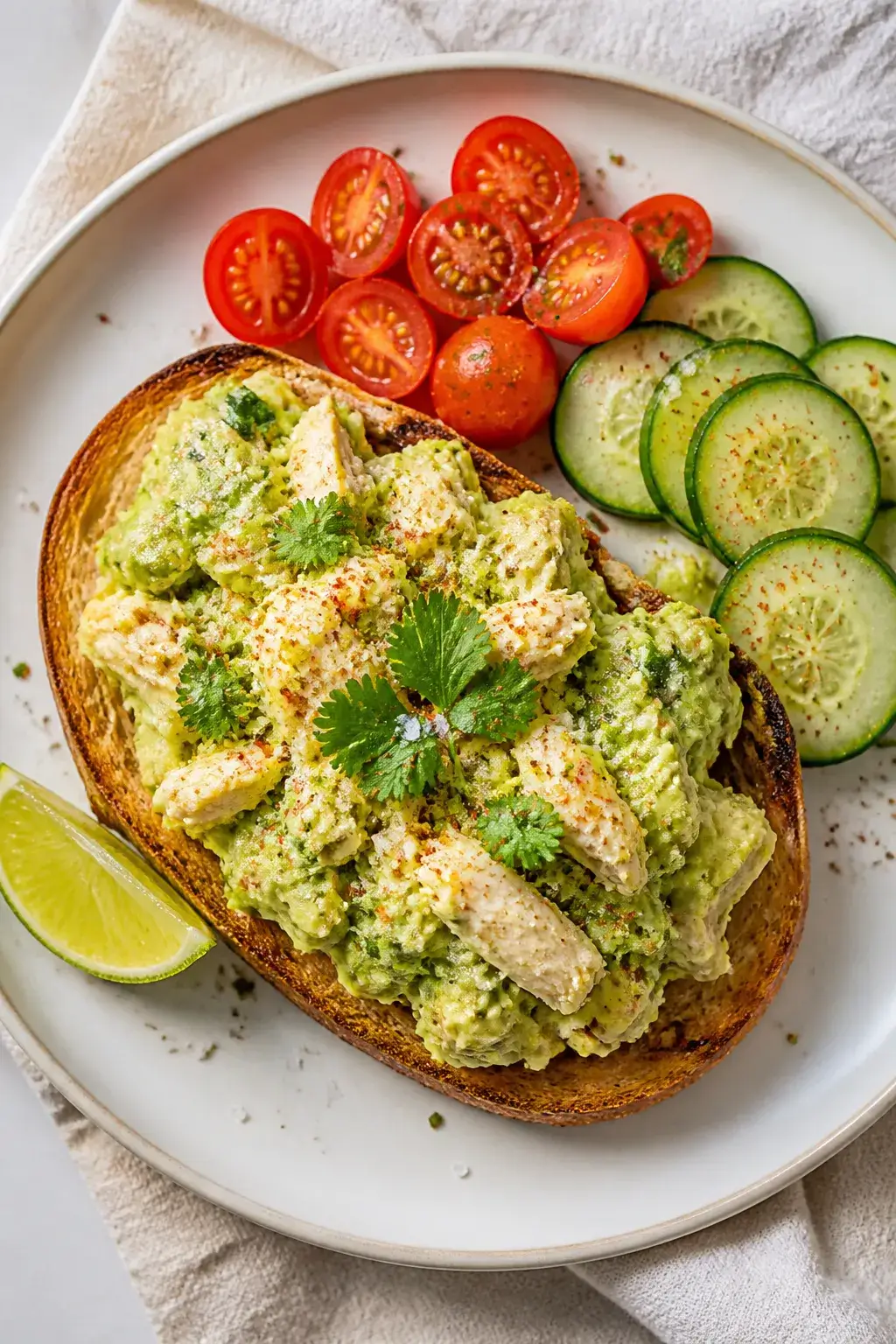 Final dish/top view: Overhead shot of avocado chicken salad piled high on toasted sourdough, topped 