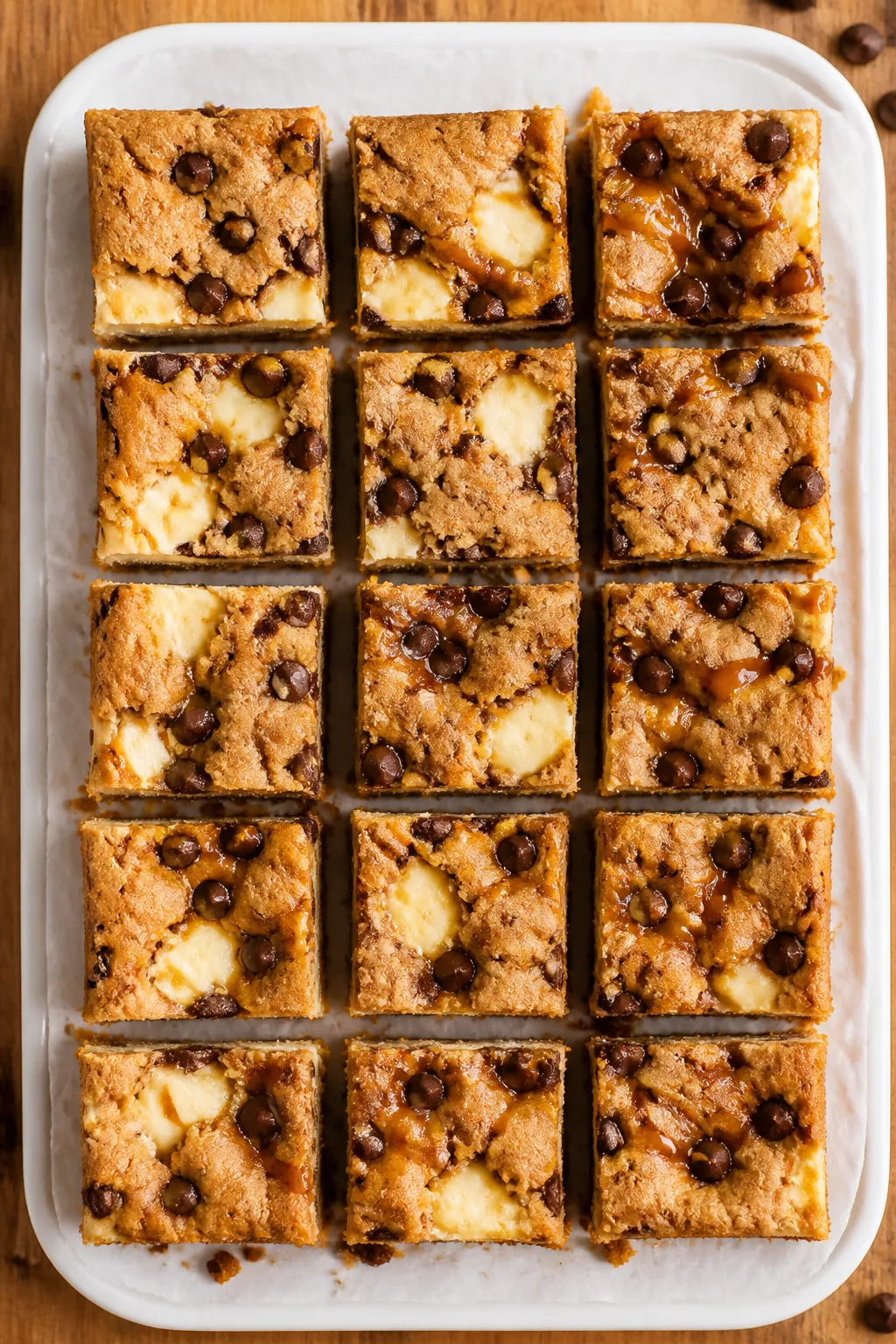 Final dish top view: Tasty overhead shot of neatly sliced chocolate chip cookie cheesecake bars arra