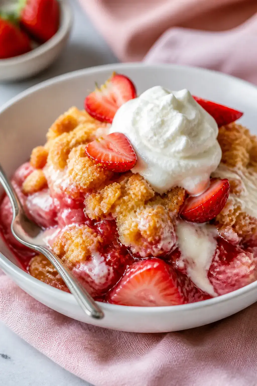 Final plated close-up: a generous scoop of Strawberry Cheesecake Dump Cake in a shallow white bowl, 