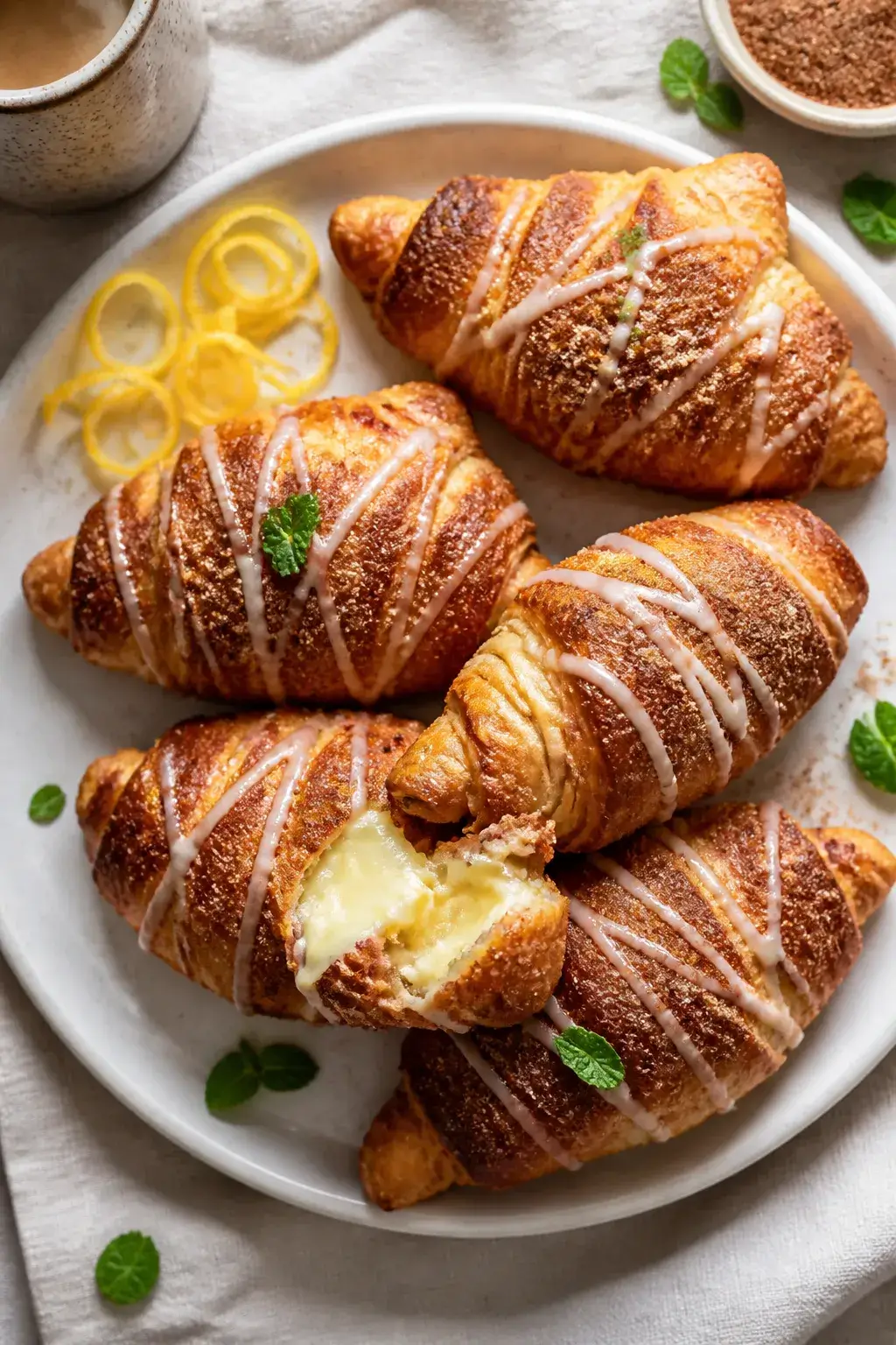 Final plated overhead: A tidy cluster of freshly baked cheesecake crescent rolls arranged on a matte