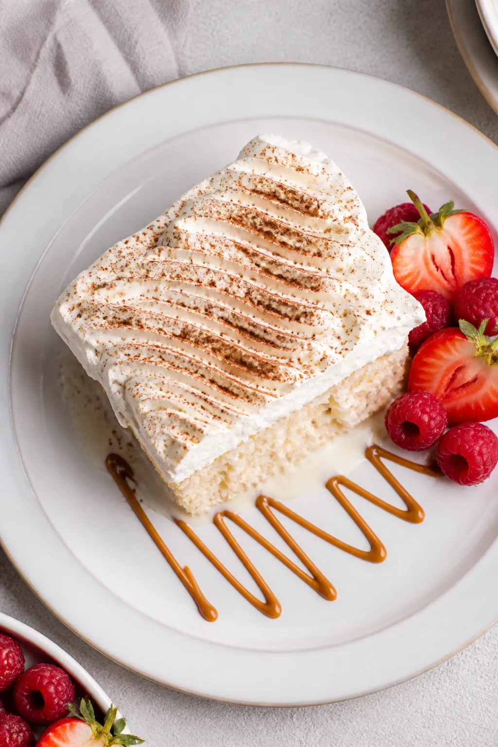 Final plated overhead: Chilled and finished tres leches cake slice on a white rimmed dessert plate,