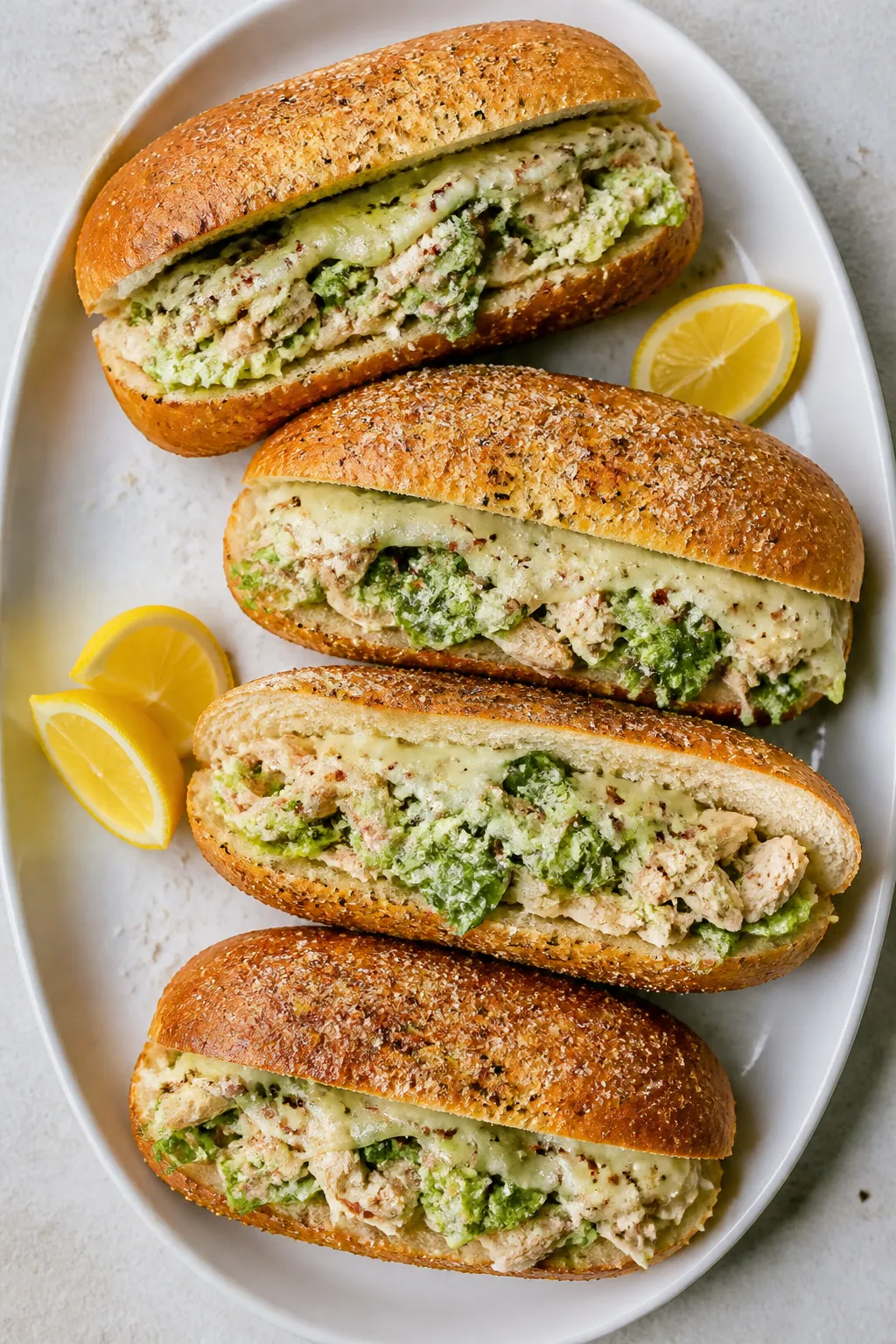 Final plated overhead: Fully assembled Garlic Bread Chicken Caesar Subs on a matte white platter—g