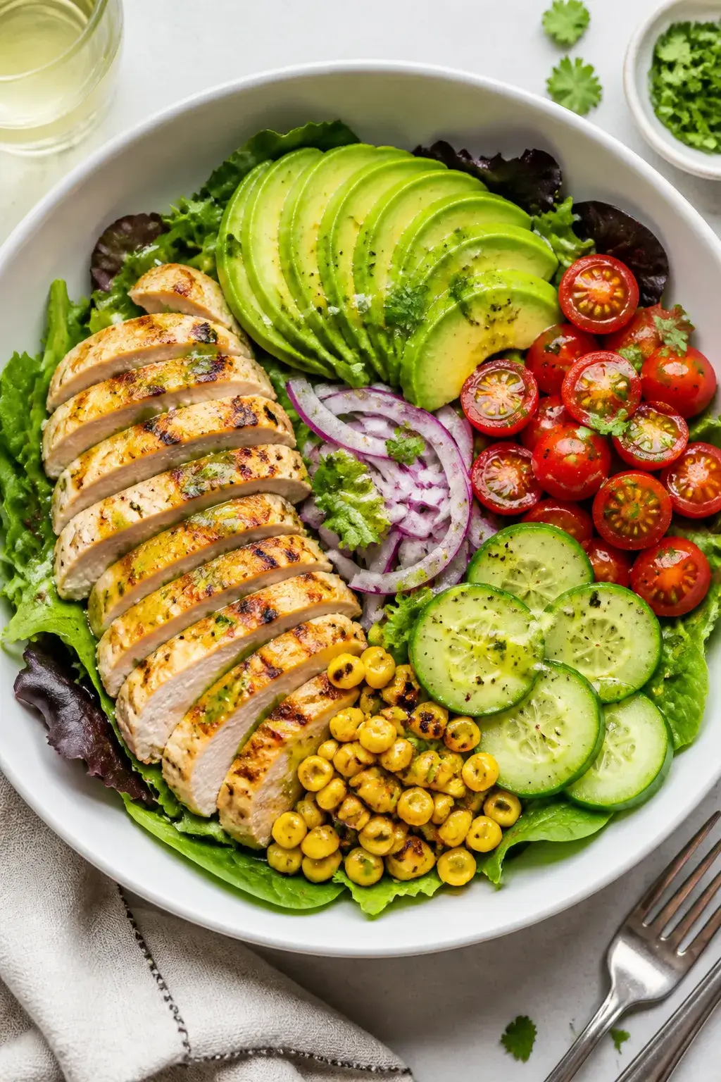 Final plated overhead: Healthy Grilled Chicken Avocado Salad Bowl in a wide white ceramic bowl, . Mi