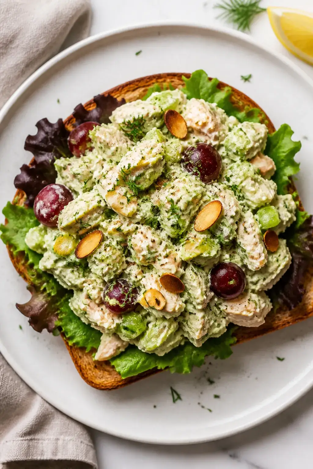 Final plated overhead: Tasty of the finished creamy chicken salad mounded on toasted whole-grain bre