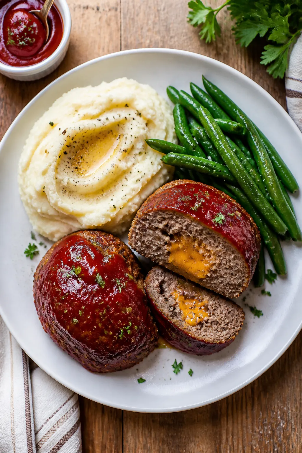 Final plated overhead: Tasty top-down shot of two mini meatloaves sliced to reveal moist, tender cru