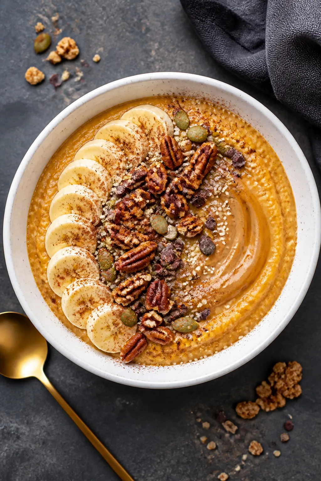 Final plated overhead: Tasty top-view of a High Protein Pumpkin Whipped Cottage Cheese Breakfast Bow