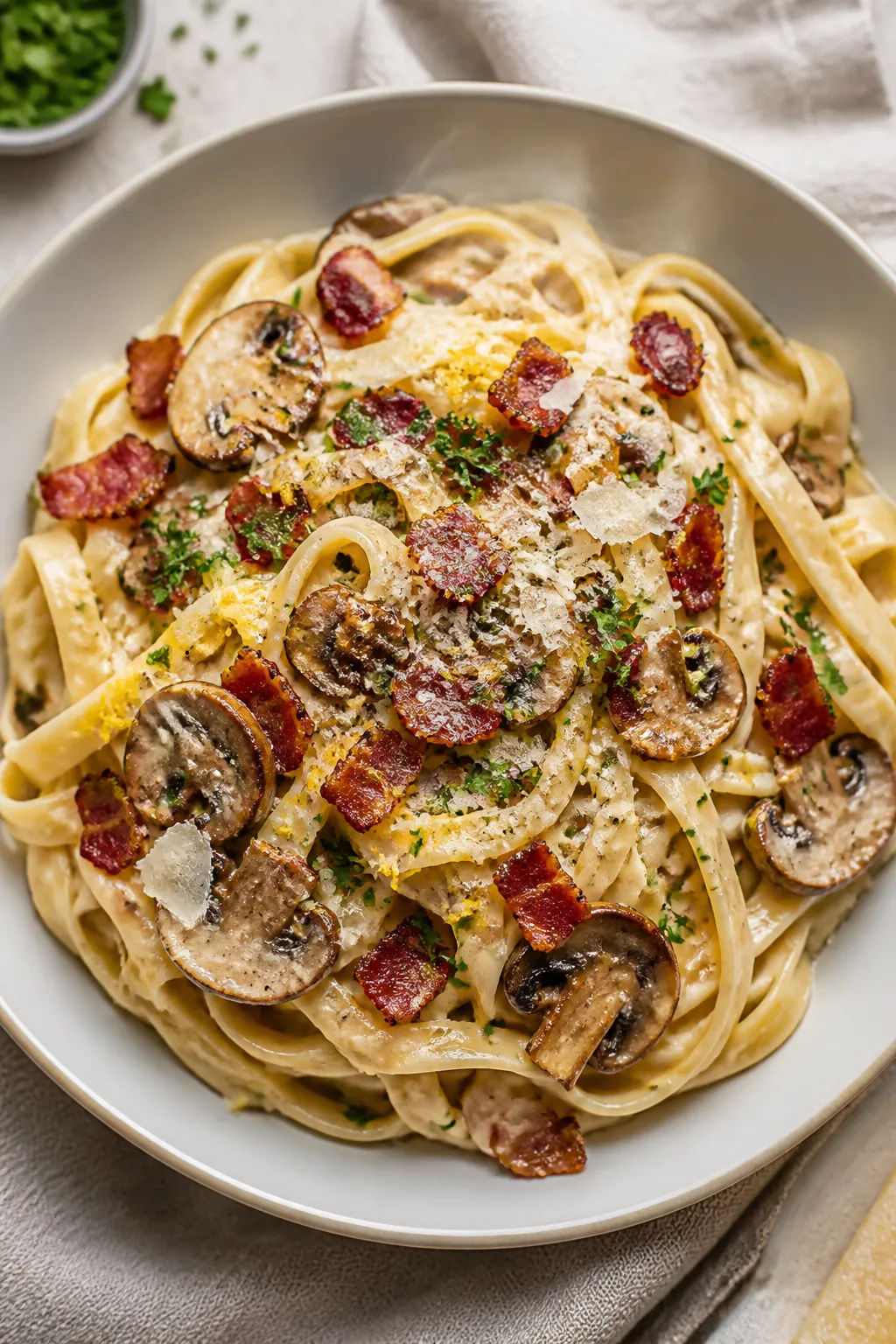 Final plated overhead: The creamiest bacon and mushroom pasta (fettuccine) tossed to a glossy finish