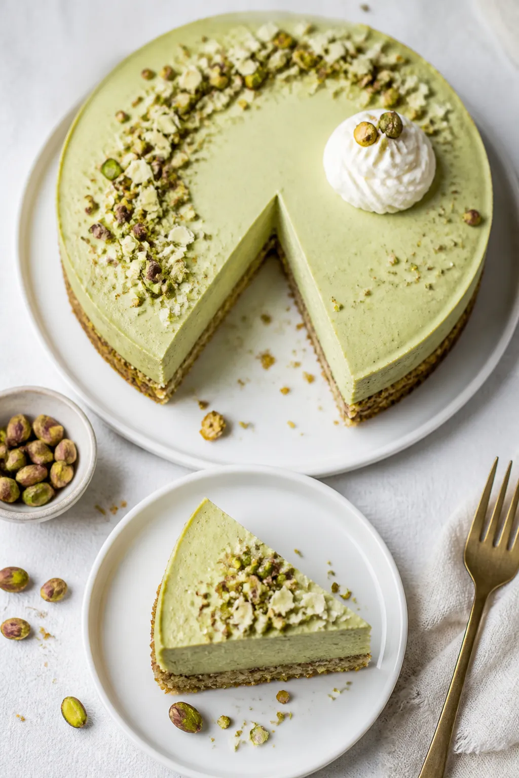 Final plated, tasty top view: Overhead shot of a fully set no-bake pistachio cheesecake, clean slice