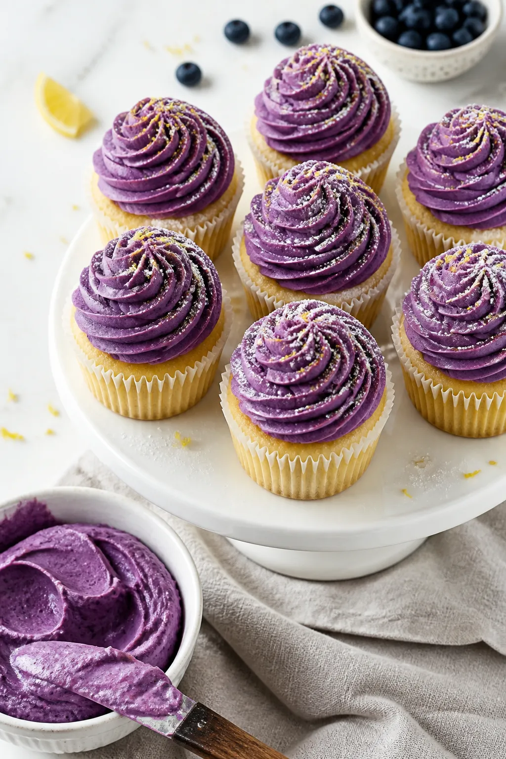 Final presentation overhead: A neat swirl of blueberry cream cheese frosting piped high onto vanilla