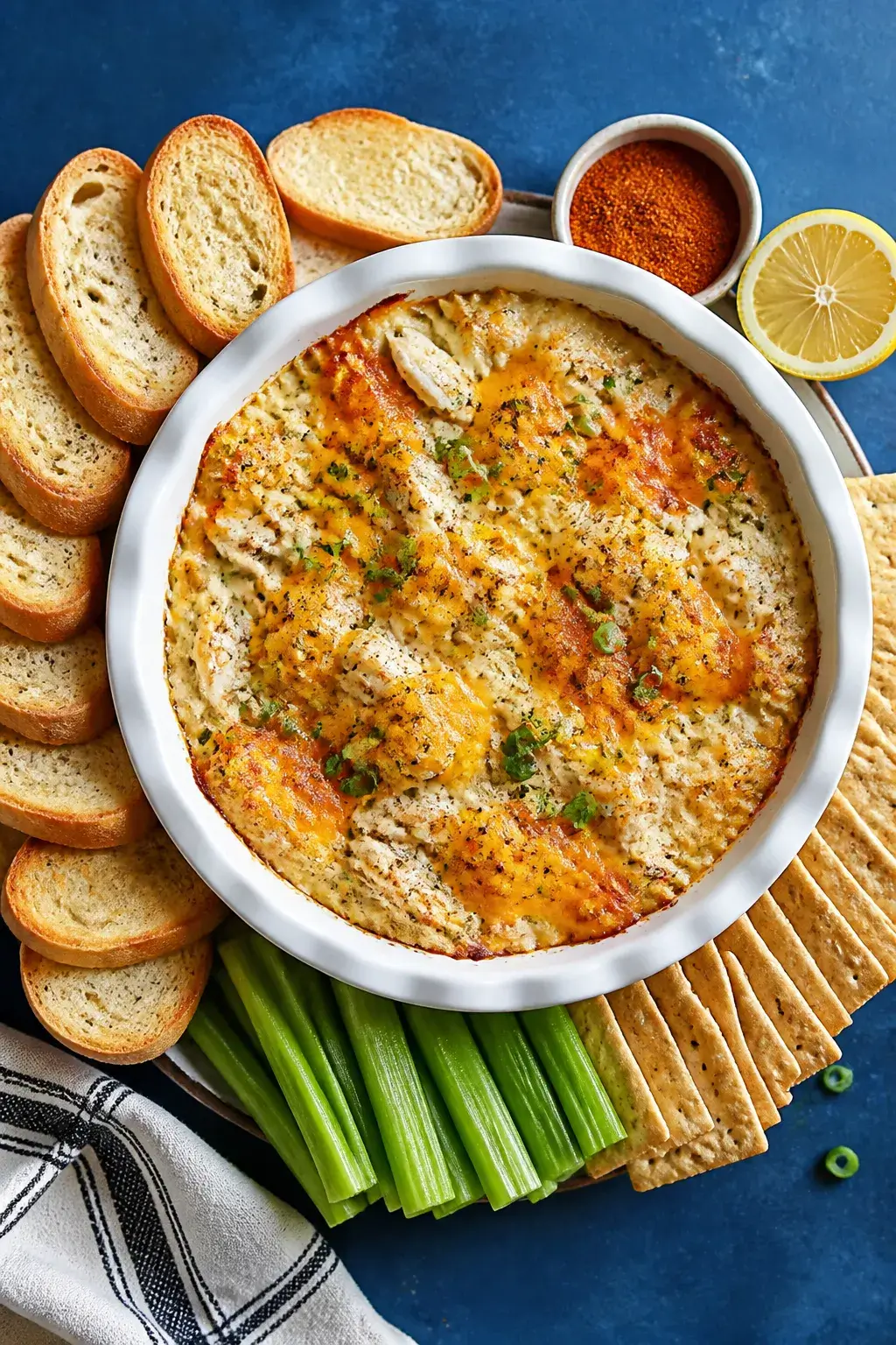 Final presentation overhead: Tasty top-down shot of hot crab dip transferred to a low, white ceramic