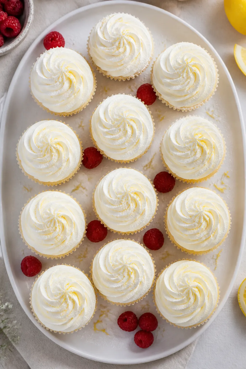 Final presentation/top view: Overhead shot of a dozen vanilla cupcakes crowned with tall, sharply pi