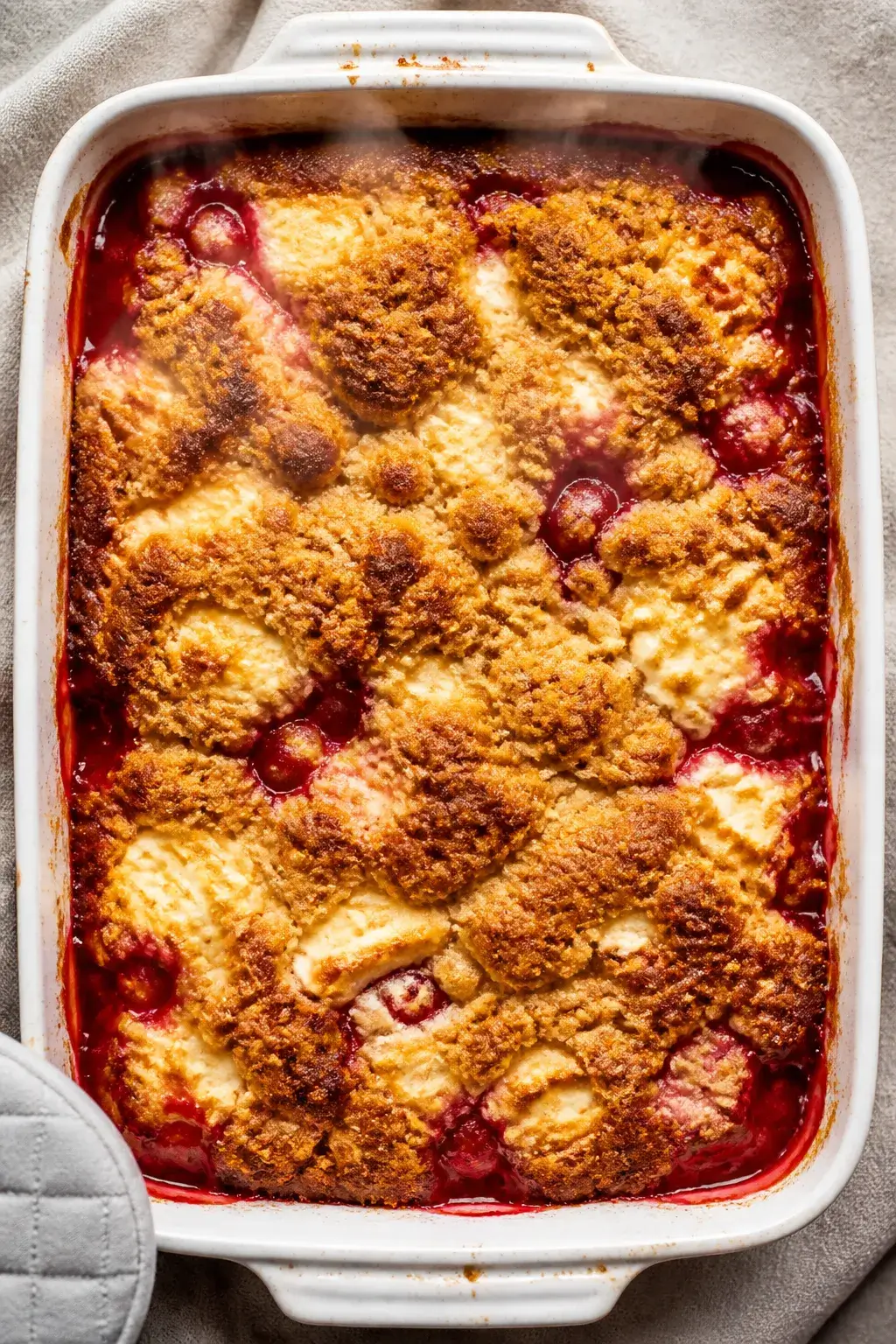 Overhead cooking process shot: 9x13-inch baking dish just out of the oven showing the Strawberry Che