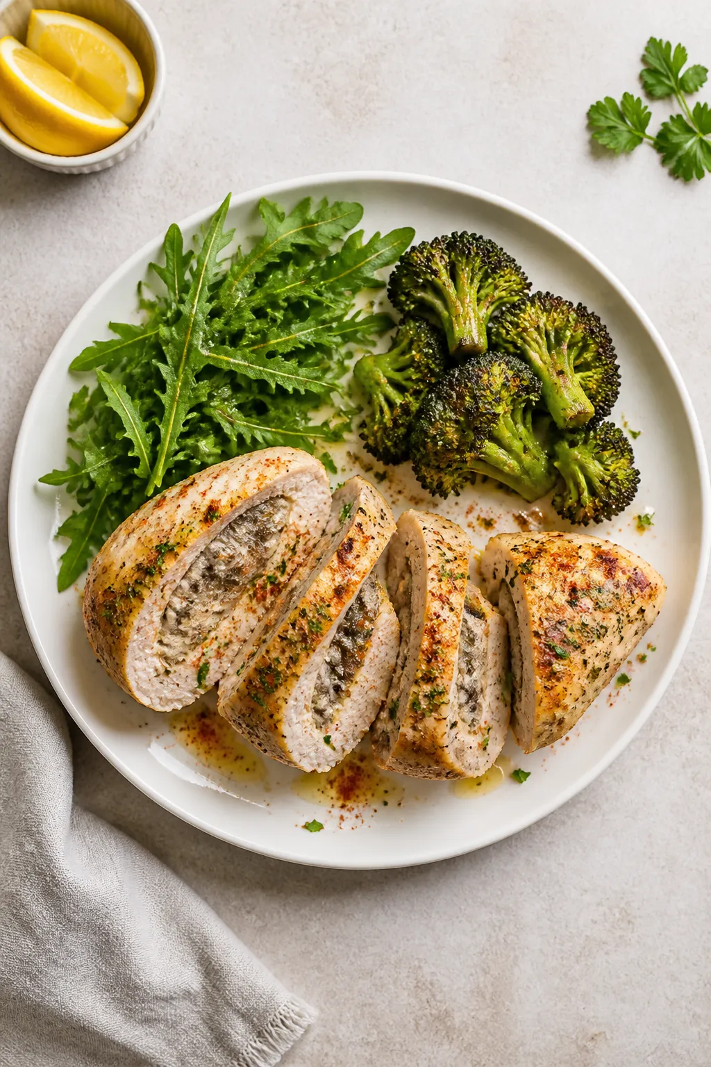 Overhead final plate shot of the healthy mushroom stuffed chicken breast served on a matte white din