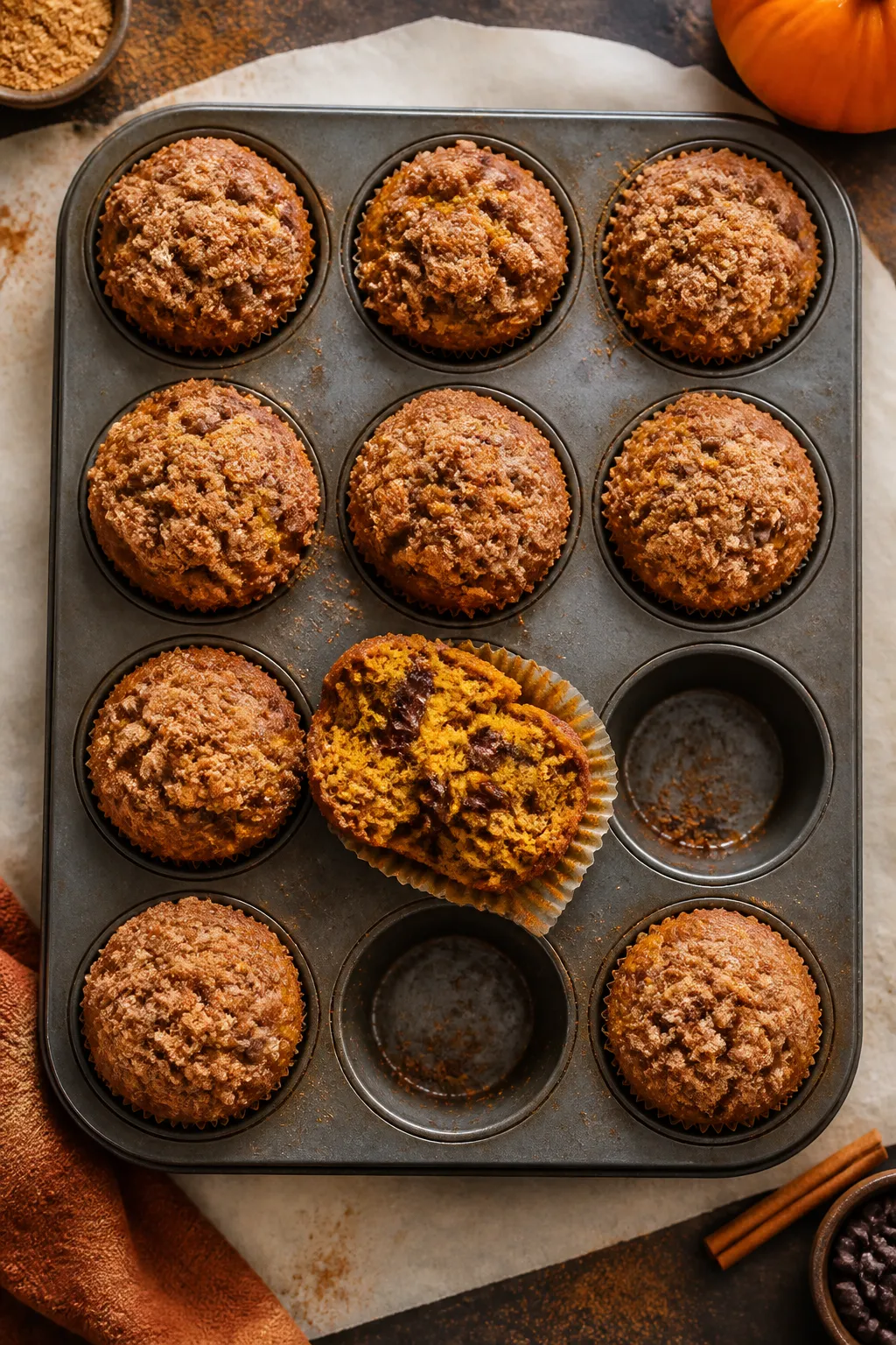 Overhead final presentation: a 12-cup muffin tin filled with baked pumpkin muffins, each crowned wit