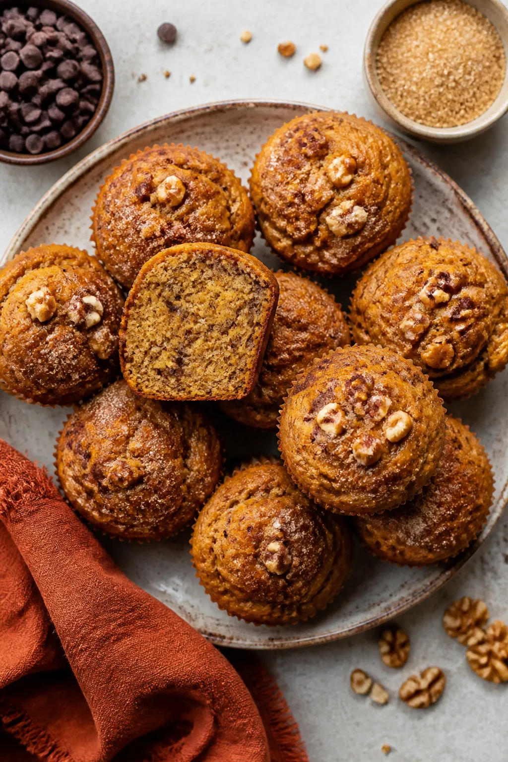 Overhead final presentation: a rustic ceramic plate piled with pumpkin banana muffins, some topped w