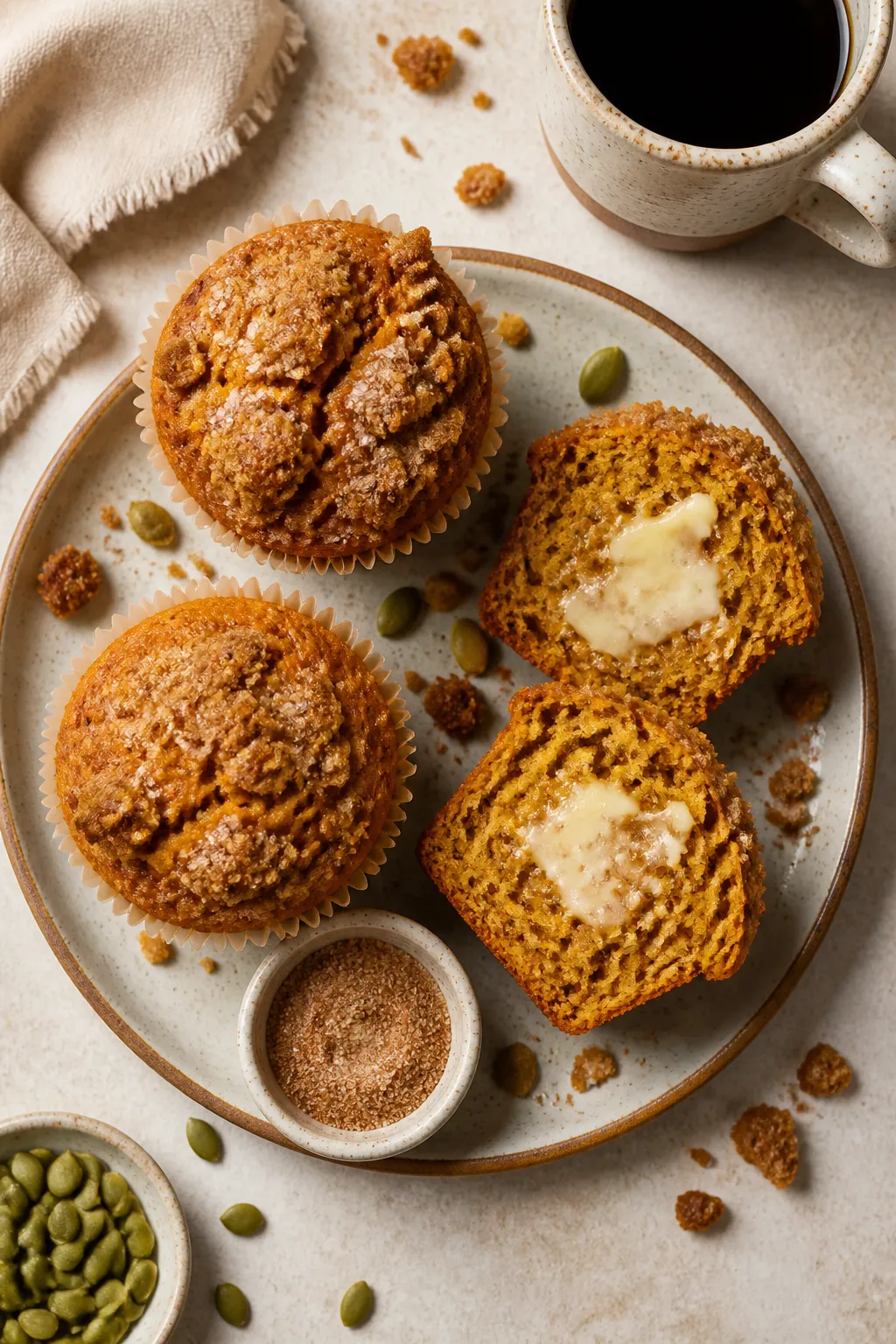 Overhead final presentation: a stoneware plate with three pumpkin streusel muffins, one sliced in ha