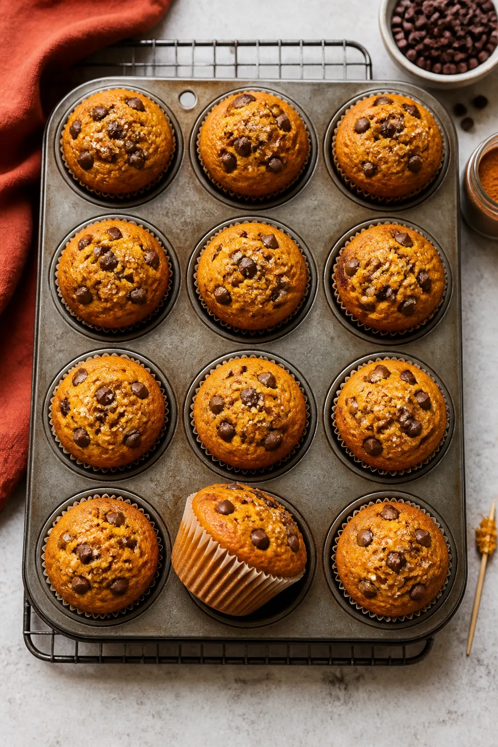 Overhead final presentation and process contrast: A 12-cup muffin tin just out of the oven on a cool