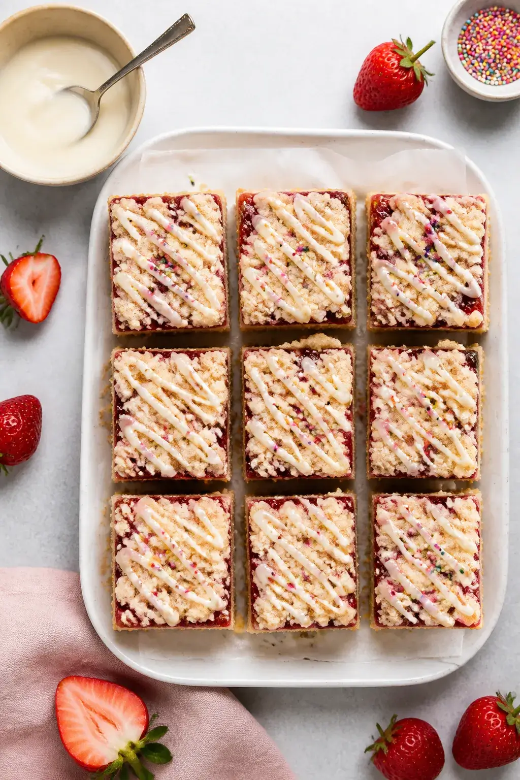 Overhead final presentation: neat squares of strawberry pop tart cookie bars arranged on a white cer
