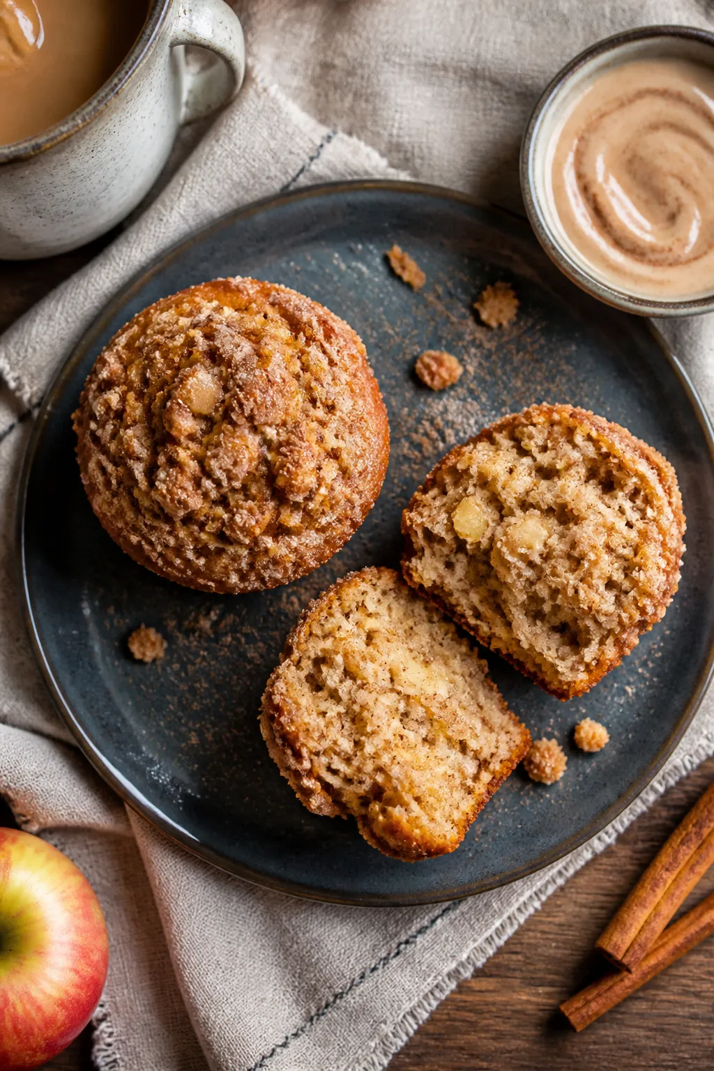 Overhead final presentation of a cozy bakery-style breakfast scene: a slate-gray plate with one whol