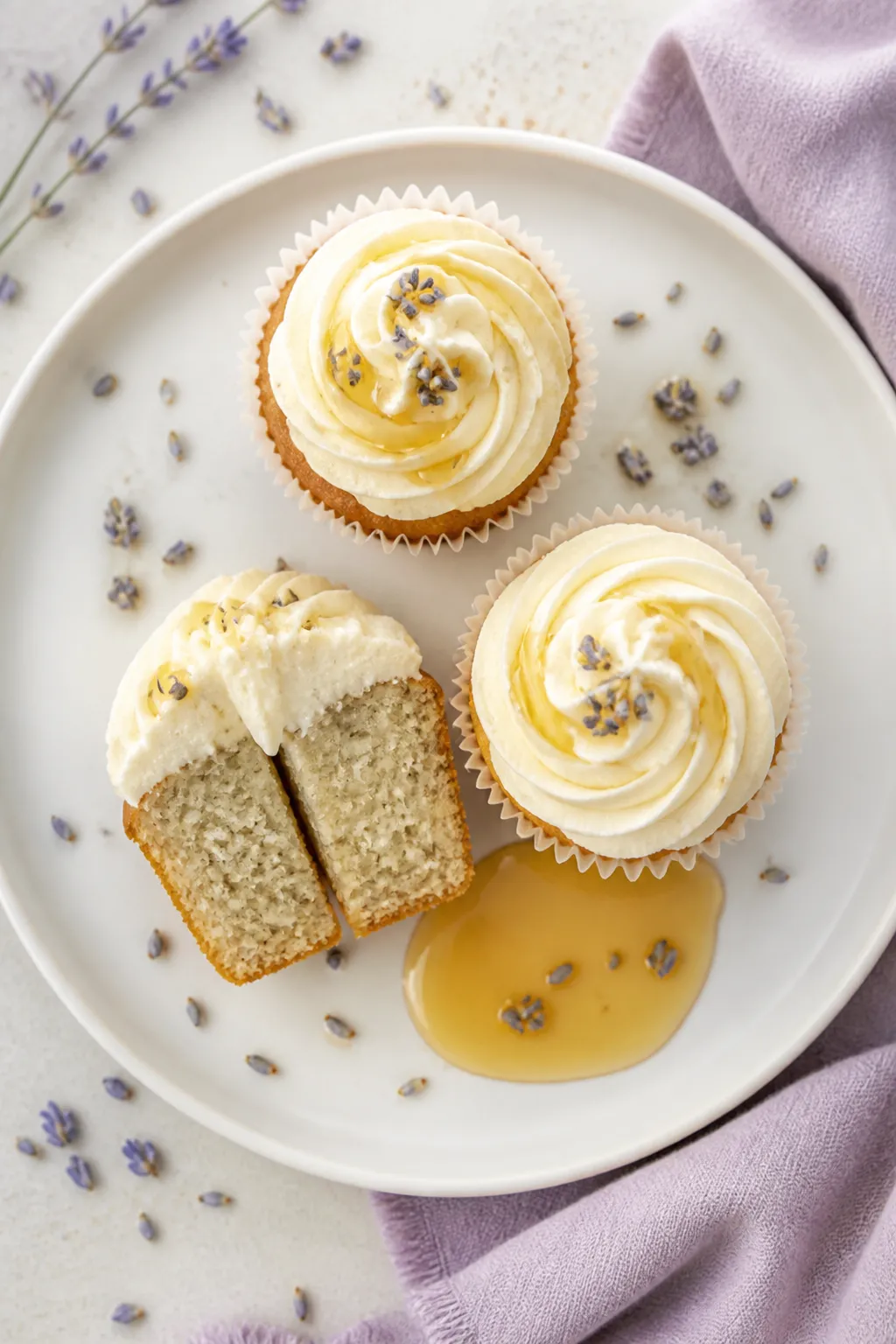 Overhead final presentation of a trio of lavender honey cupcakes on a matte white dessert plate, eac