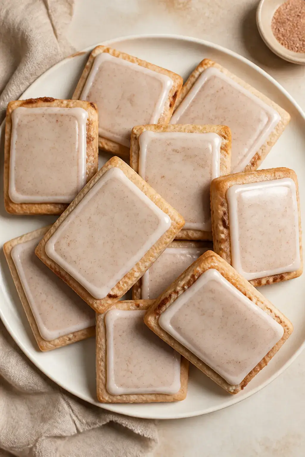 Overhead final presentation of fully cooled and glazed Brown Sugar Pop Tart Cookies arranged on a ma