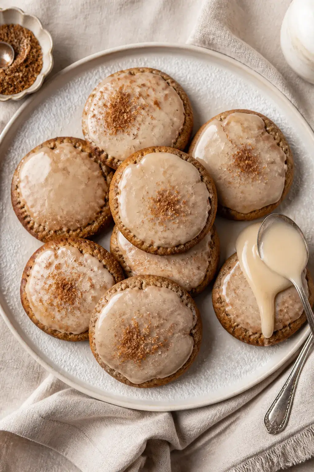 Overhead final presentation of glazed Brown Sugar Cinnamon Pop Tart Cookies arranged in a relaxed cl