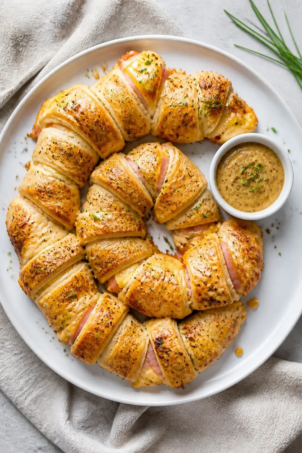 Overhead final presentation of ham and cheese crescent rolls arranged in a warm, inviting spiral on