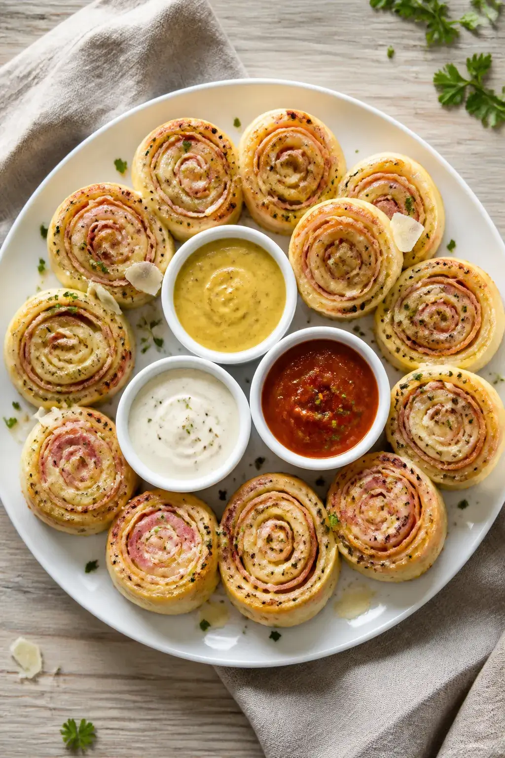 Overhead final presentation of ham and cheese pinwheels arranged in a loose circular pattern on a ma