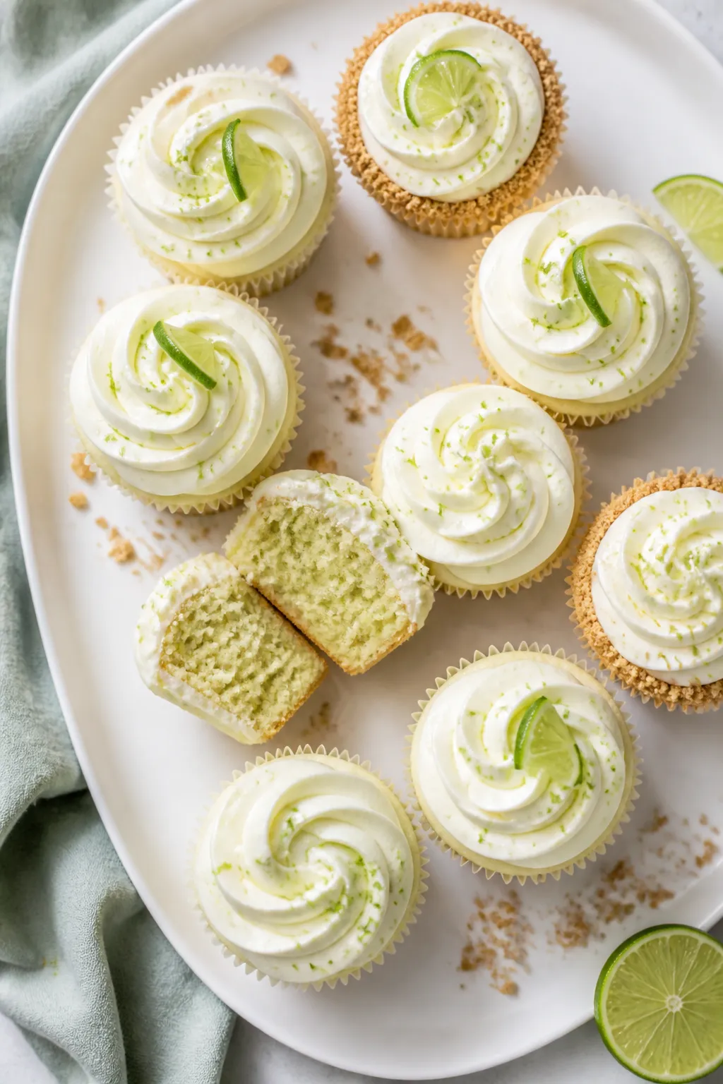 Overhead final presentation of key lime cupcakes on a matte white platter: a neat arrangement of fro