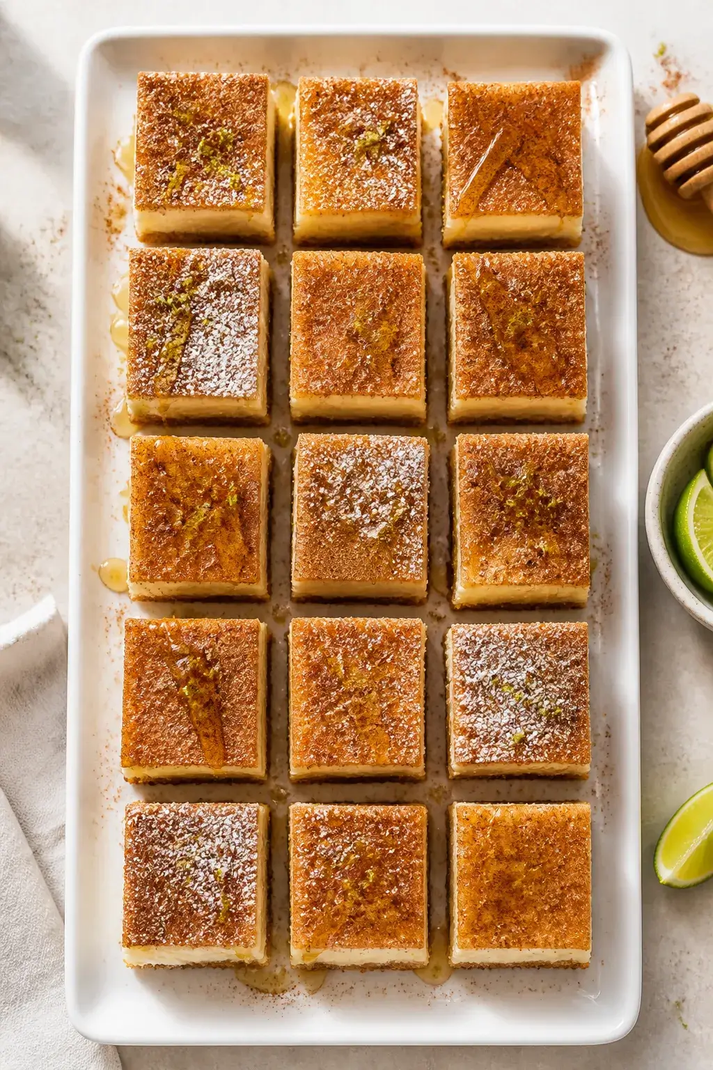 Overhead final presentation of neatly sliced, chilled sopapilla cheesecake bars arranged in a tidy g