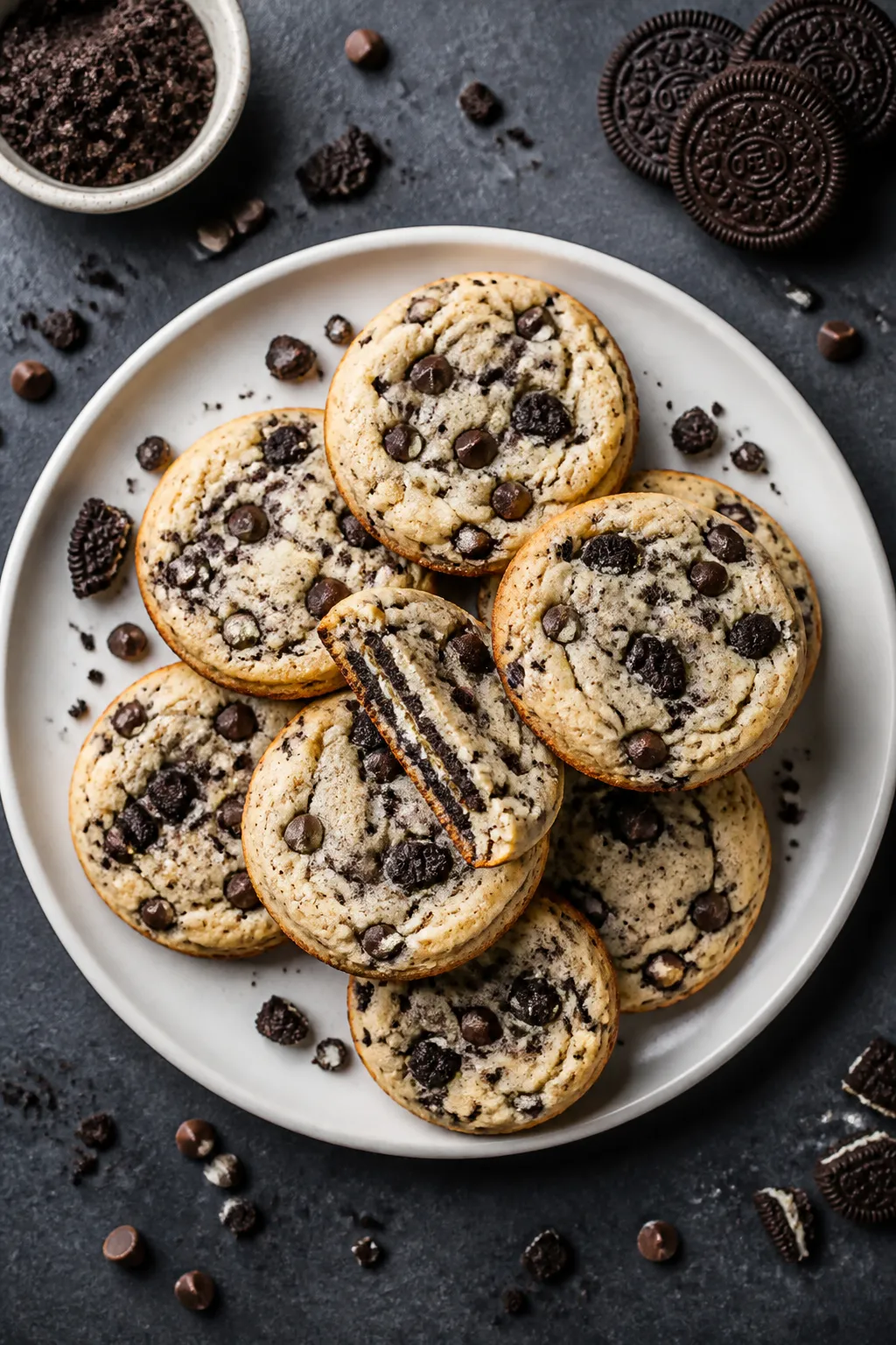 Overhead final presentation of Oreo cheesecake cookies neatly stacked and scattered on a matte white