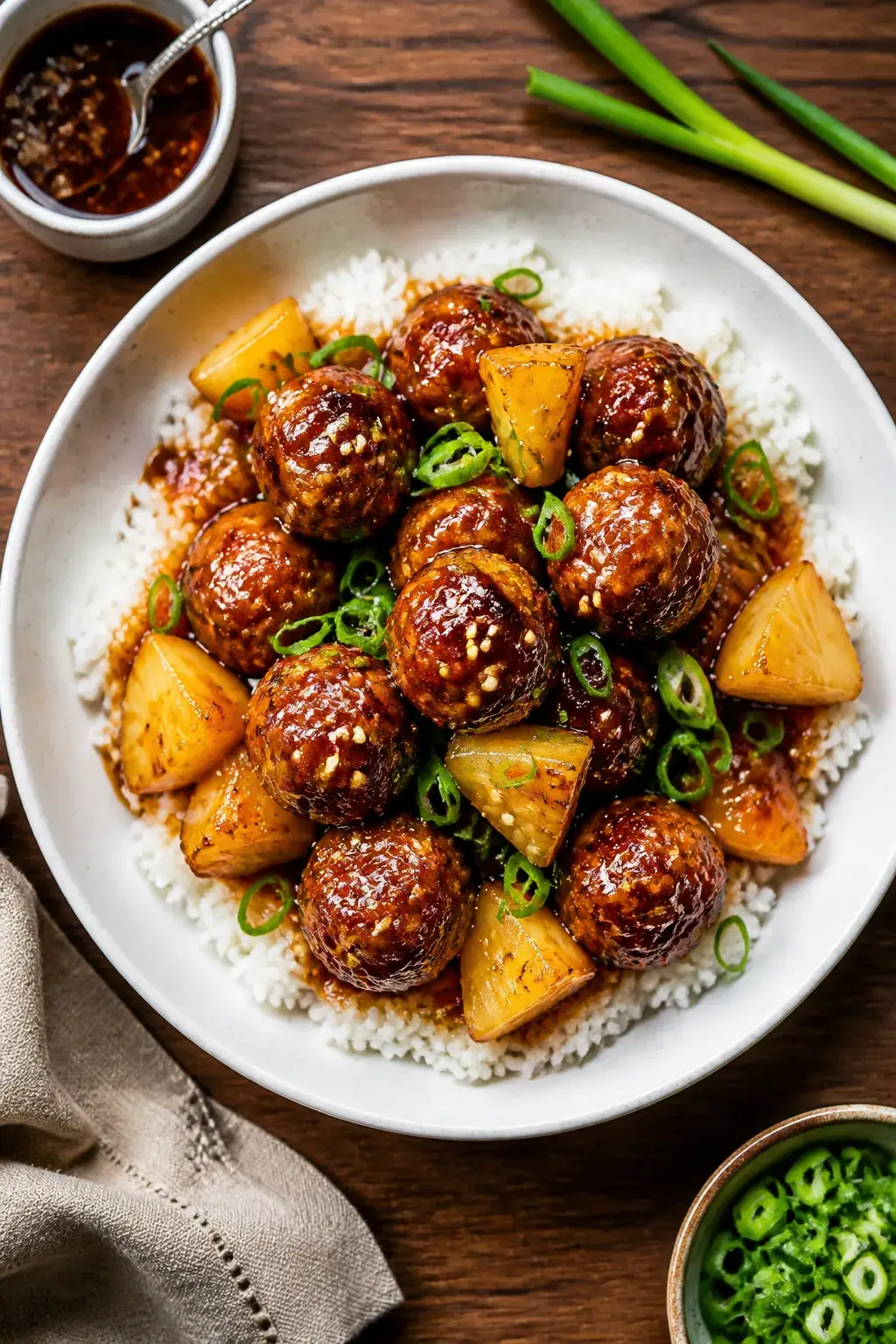 Overhead final presentation of pineapple barbecue meatballs served family-style in a shallow white c