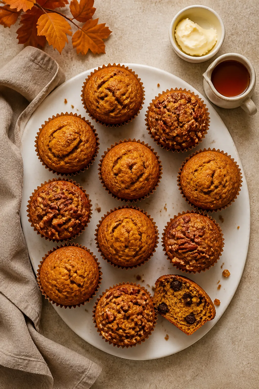Overhead final presentation of pumpkin muffins arranged on a matte white platter, alternating plain 