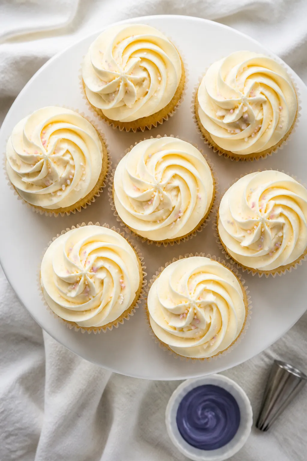 Overhead final presentation of vanilla cupcakes topped with tall, crisp buttercream swirls: smooth, 