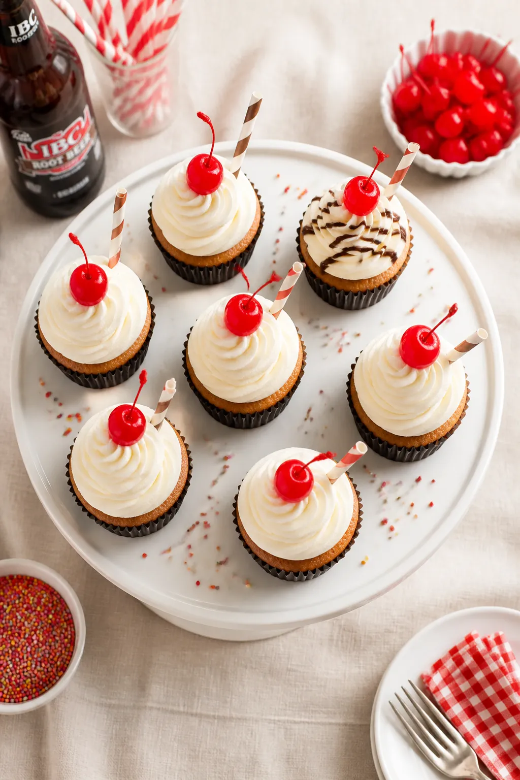 Overhead final presentation: Root Beer Float Cupcakes arranged on a matte white cake stand, each wit
