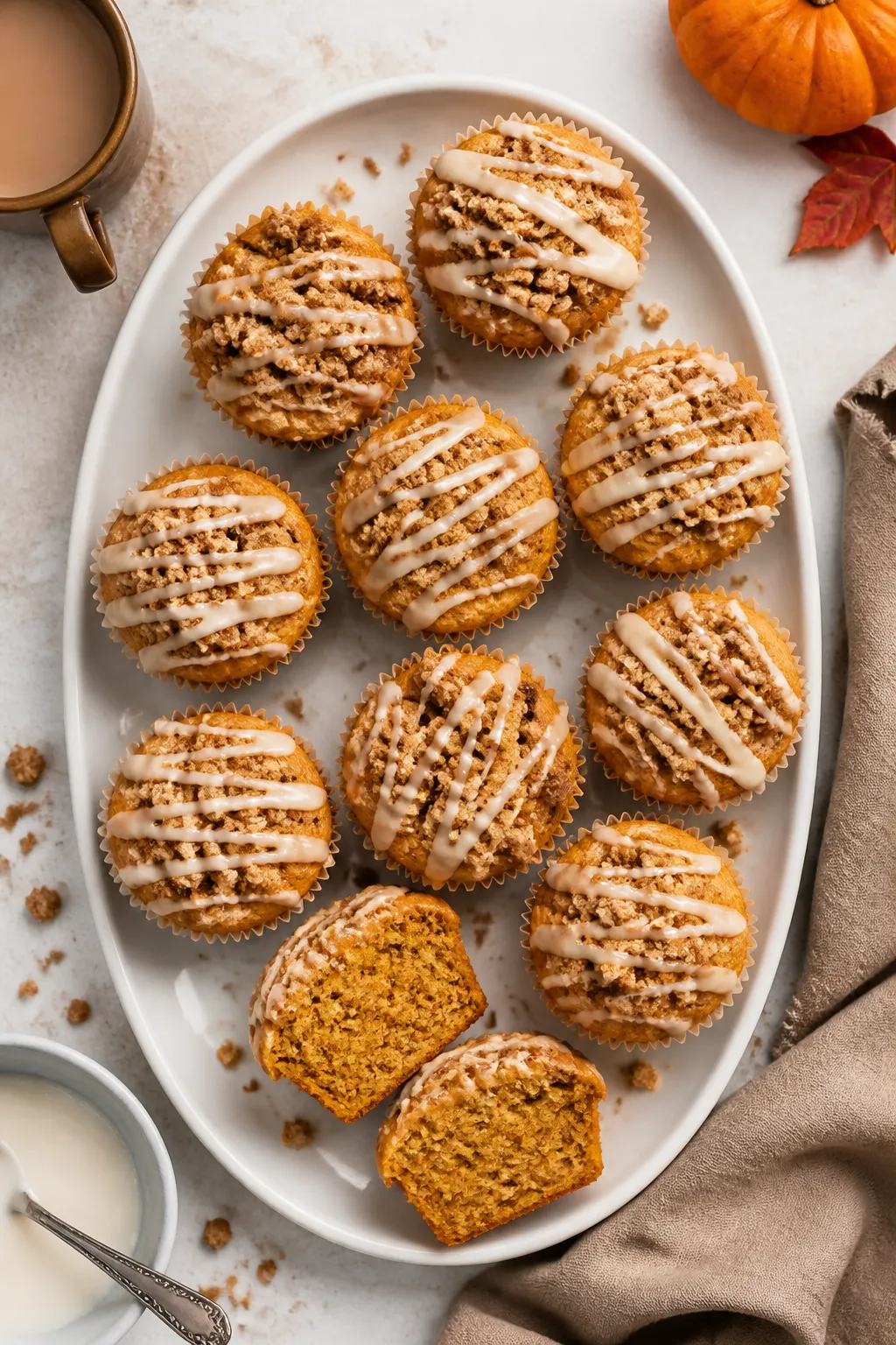 Overhead final presentation shot of bakery-style pumpkin streusel muffins arranged on a matte white